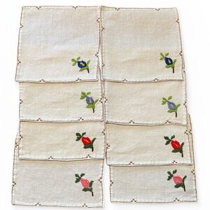 Vintage Hand Embroidered Linen Cocktail Napkins Set of 8 Floral Cottagecore